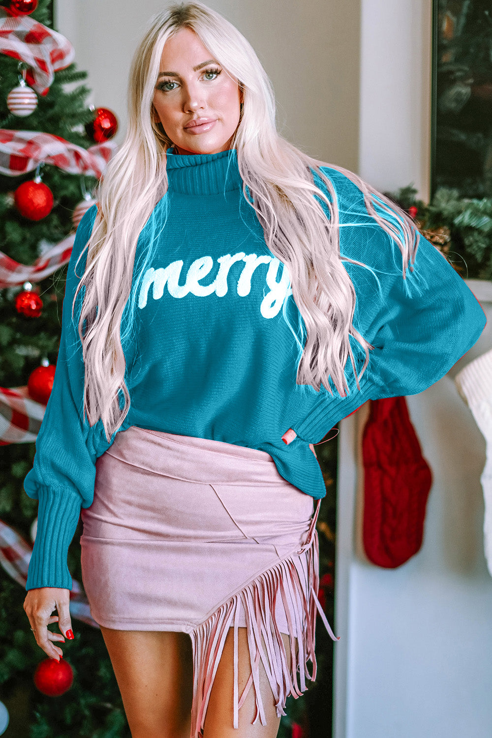 Double Take Full Size Merry Christmas Turtleneck Long Sleeve Sweater