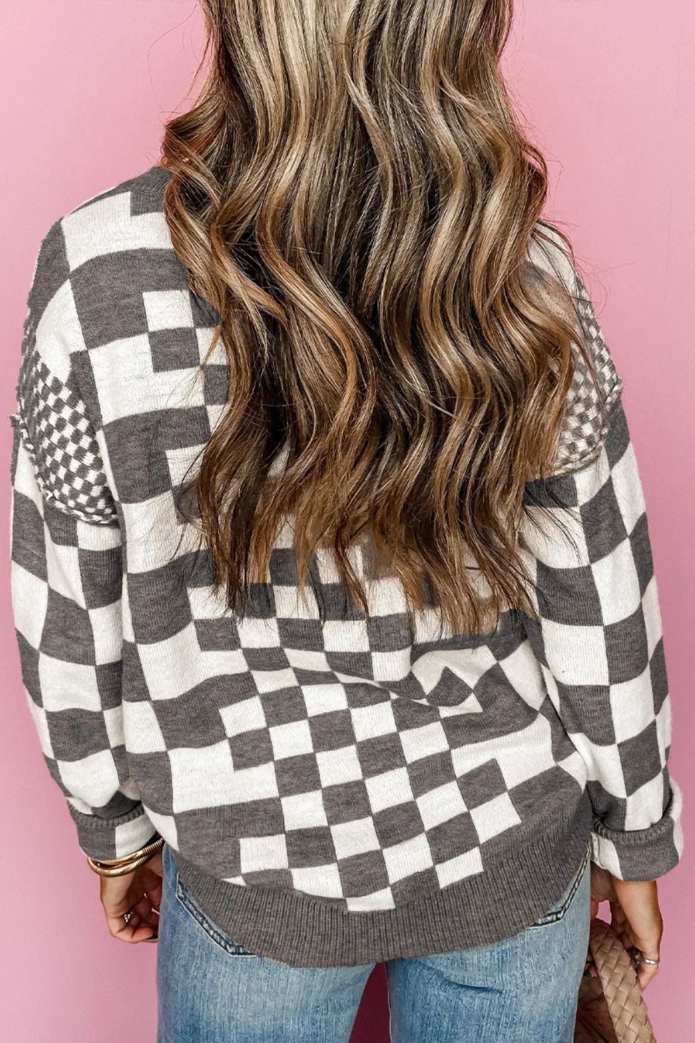 Checkered Round Neck Long Sleeve Sweater