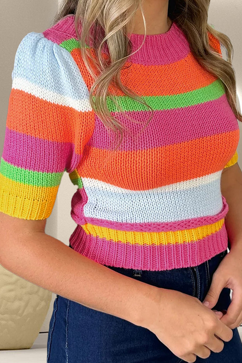 Color Block Round Neck Half Sleeve Knit Top