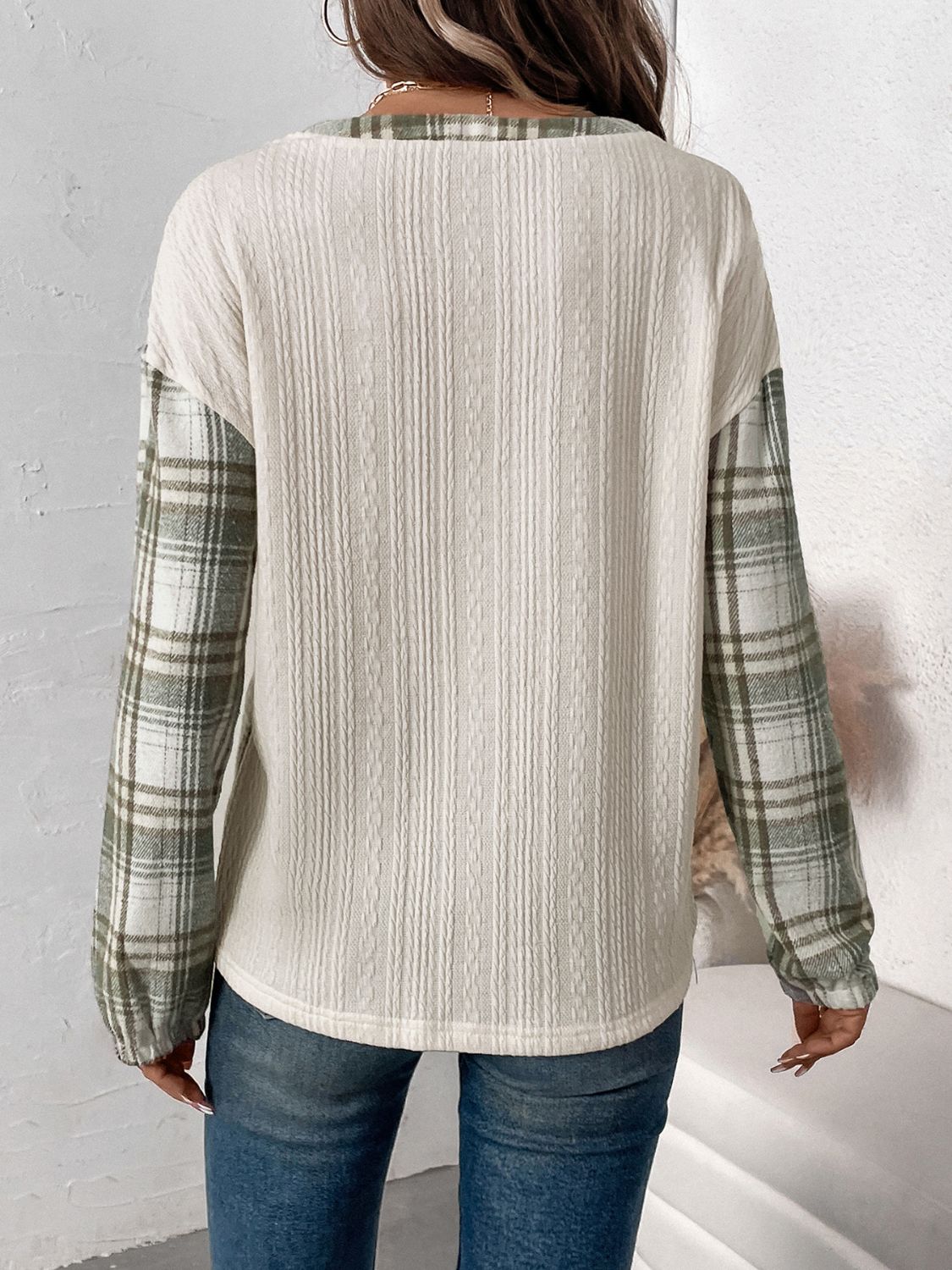 Perfee Plaid Half Button Long Sleeve T-Shirt