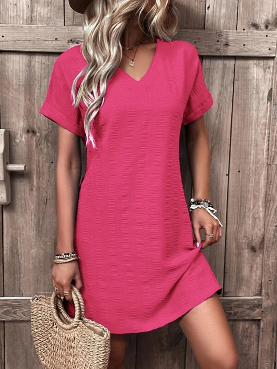 Full Size V-Neck Short Sleeve Mini Dress