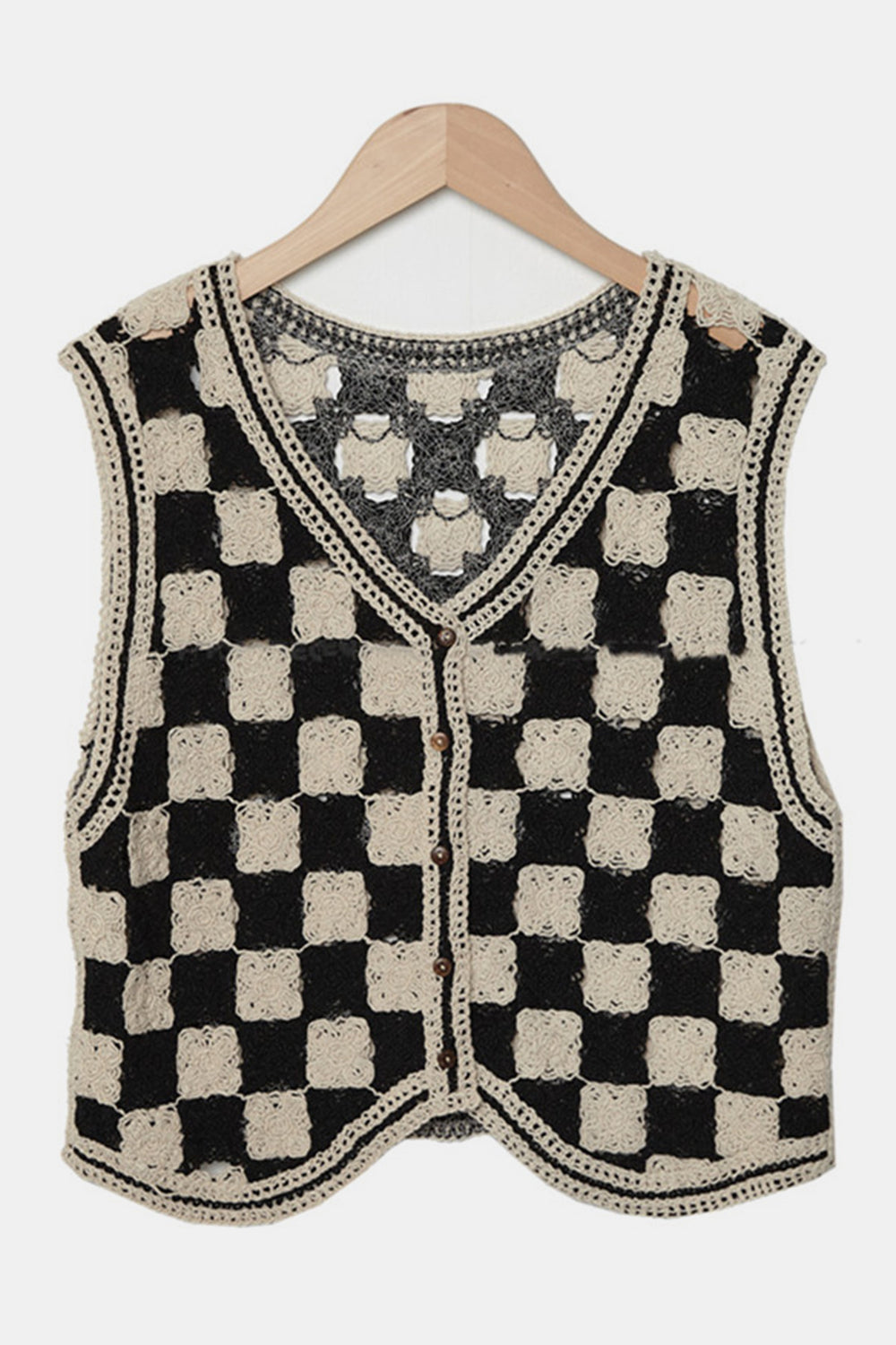 Crochet Checkered V-Neck Button Up Vest