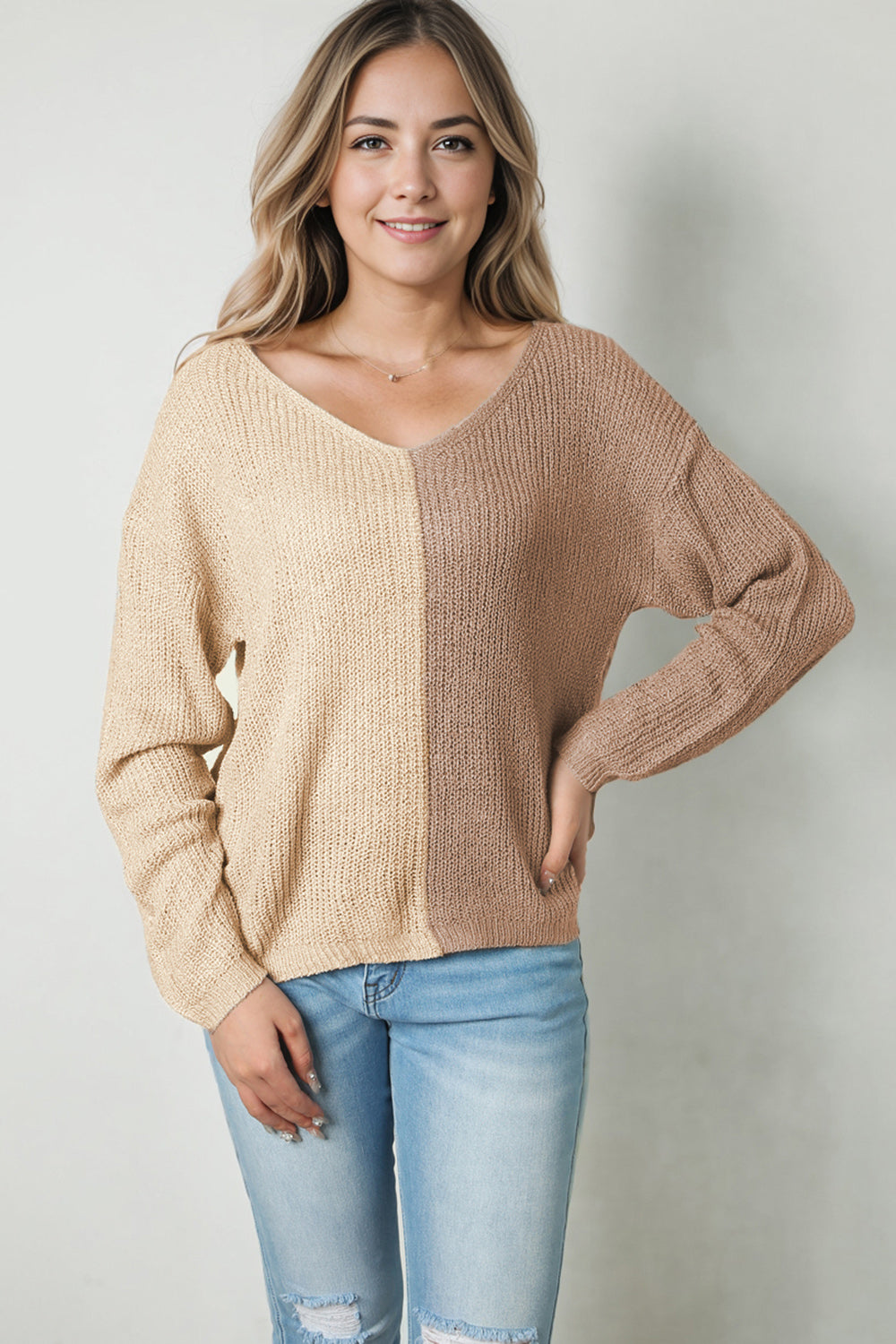 Contrast Color V-Neck Long Sleeve Pullover Sweater