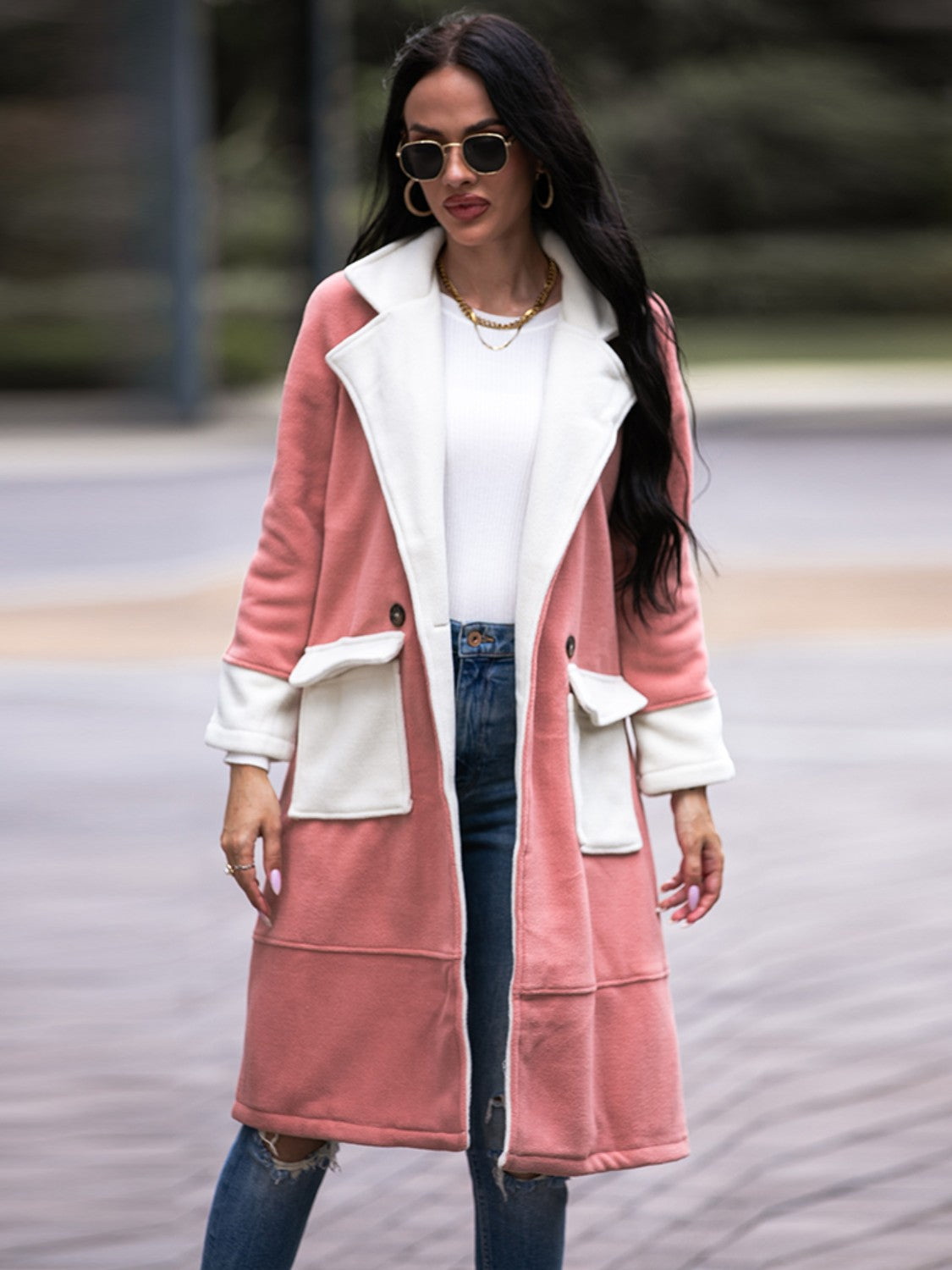 Contrast Lapel Collar Coat with Pockets