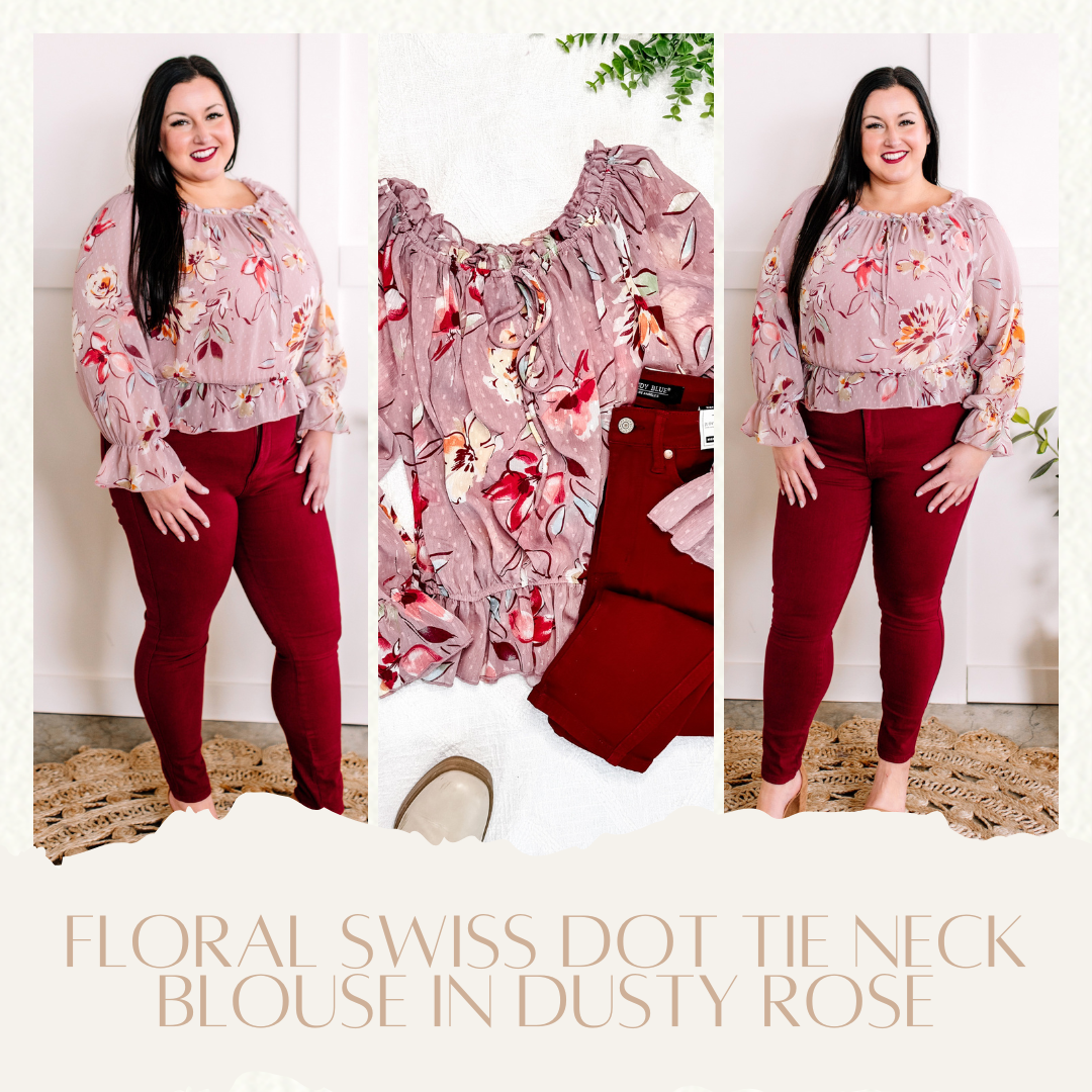 1.22 Floral Swiss Dot Tie Neck Blouse In Dusty Rose