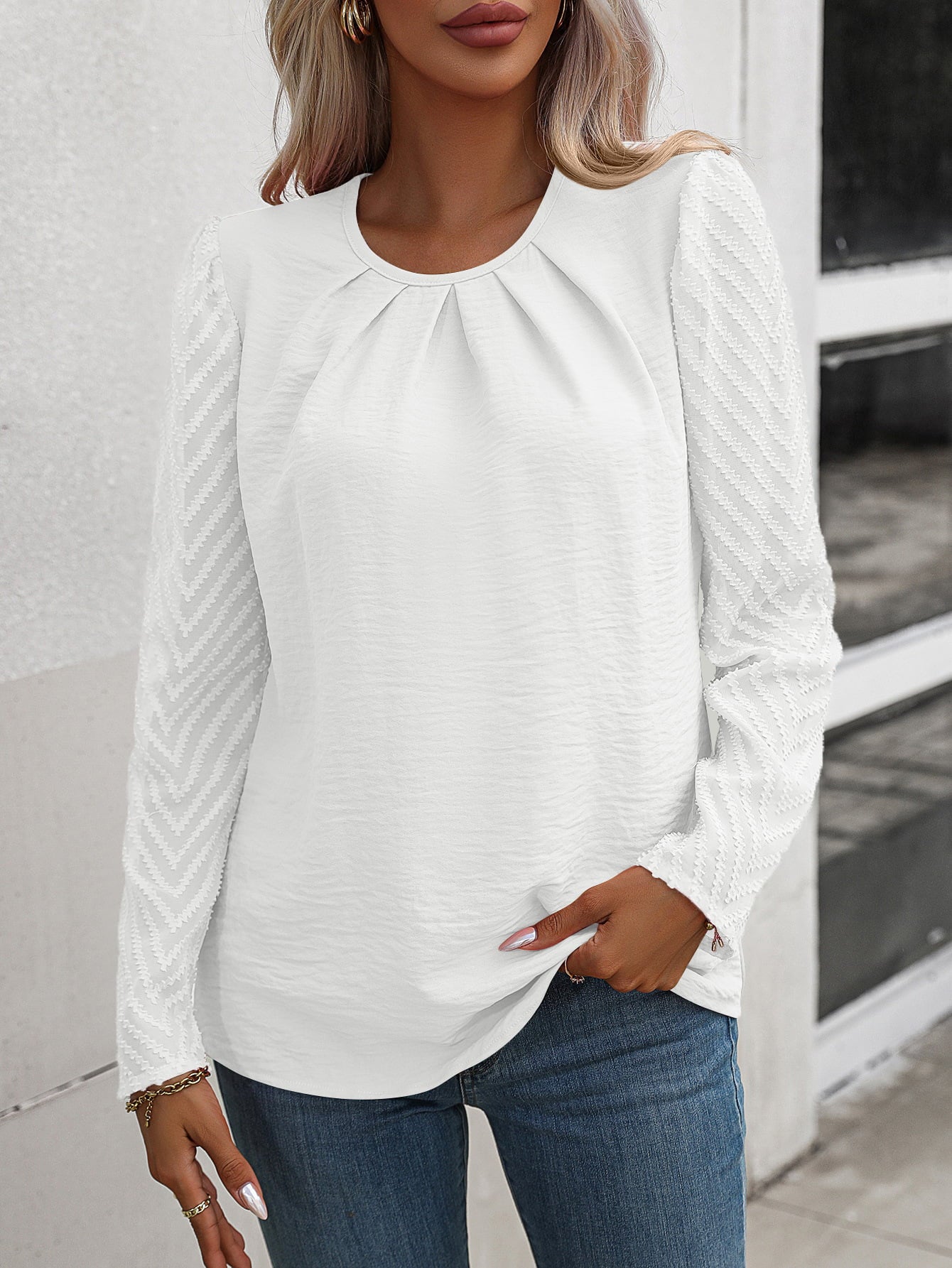 Ruched Round Neck Puff Sleeve Blouse