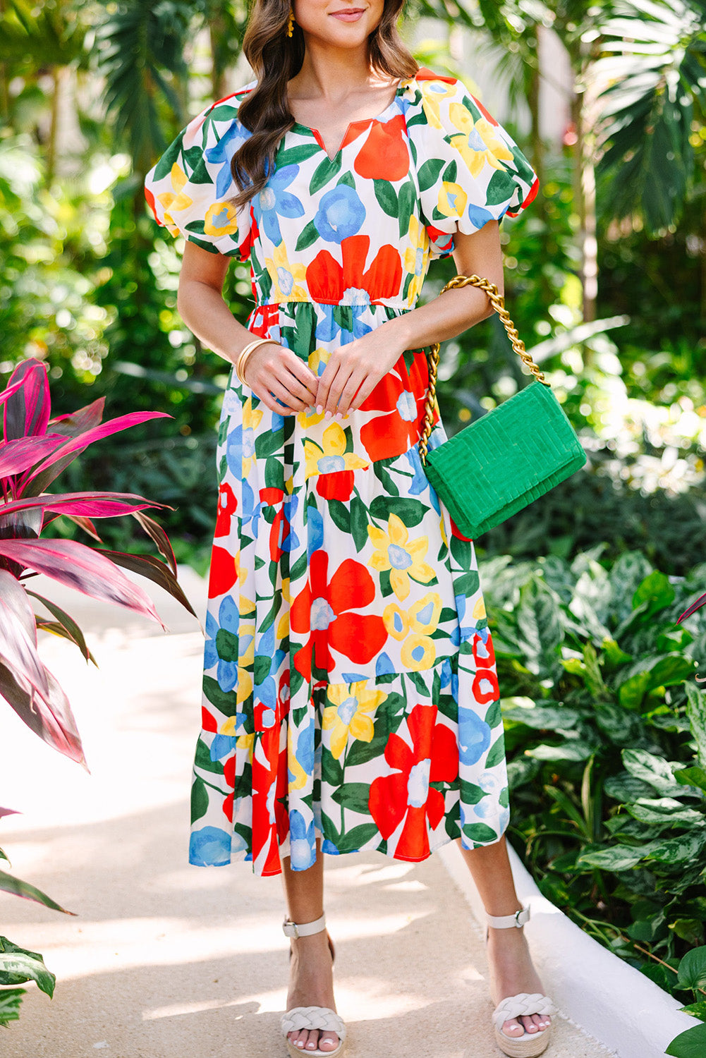 Floral Notched Balloon Sleeve Midi Dress