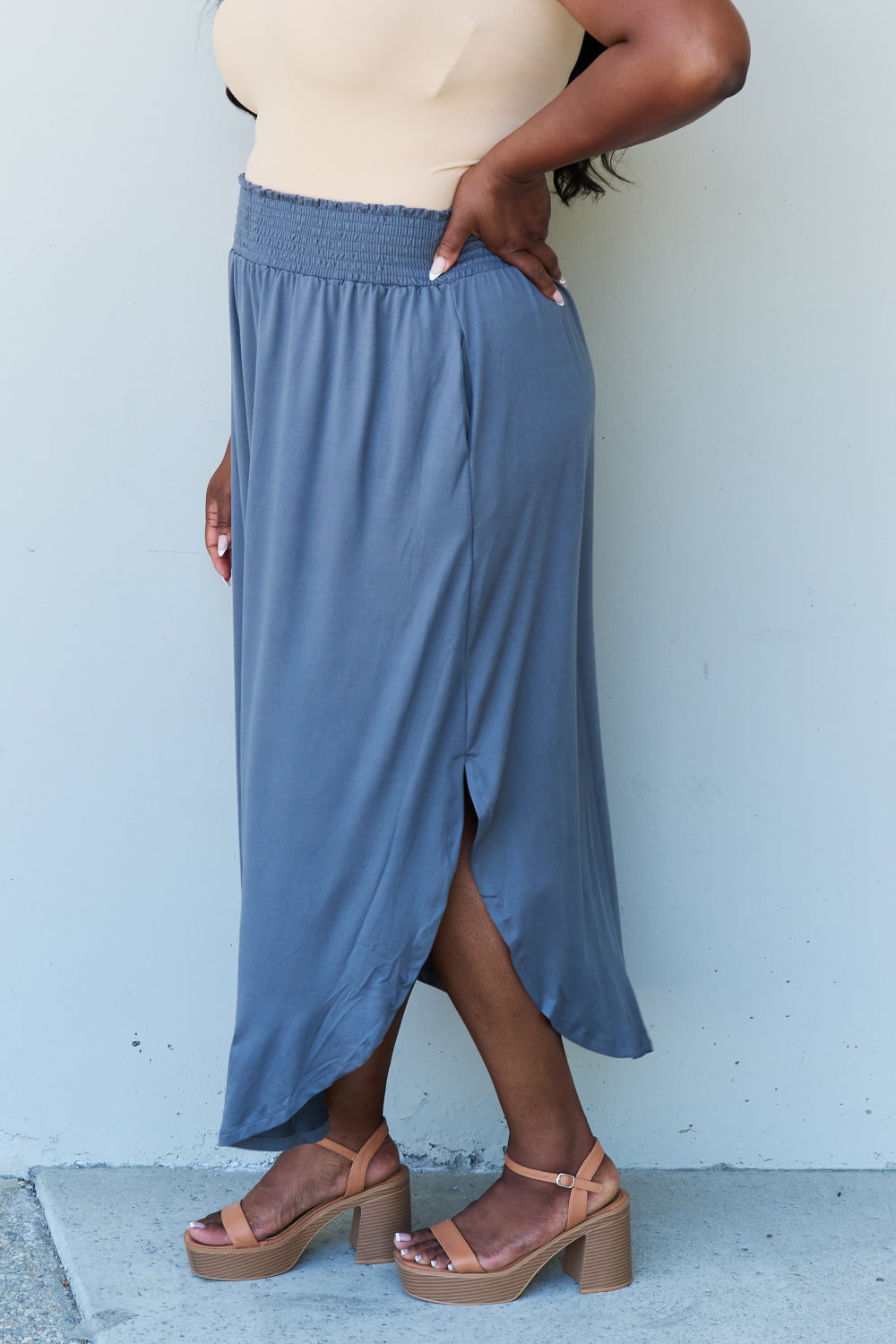 Doublju Comfort Princess Full Size High Waist Scoop Hem Maxi Skirt in Dusty Blue