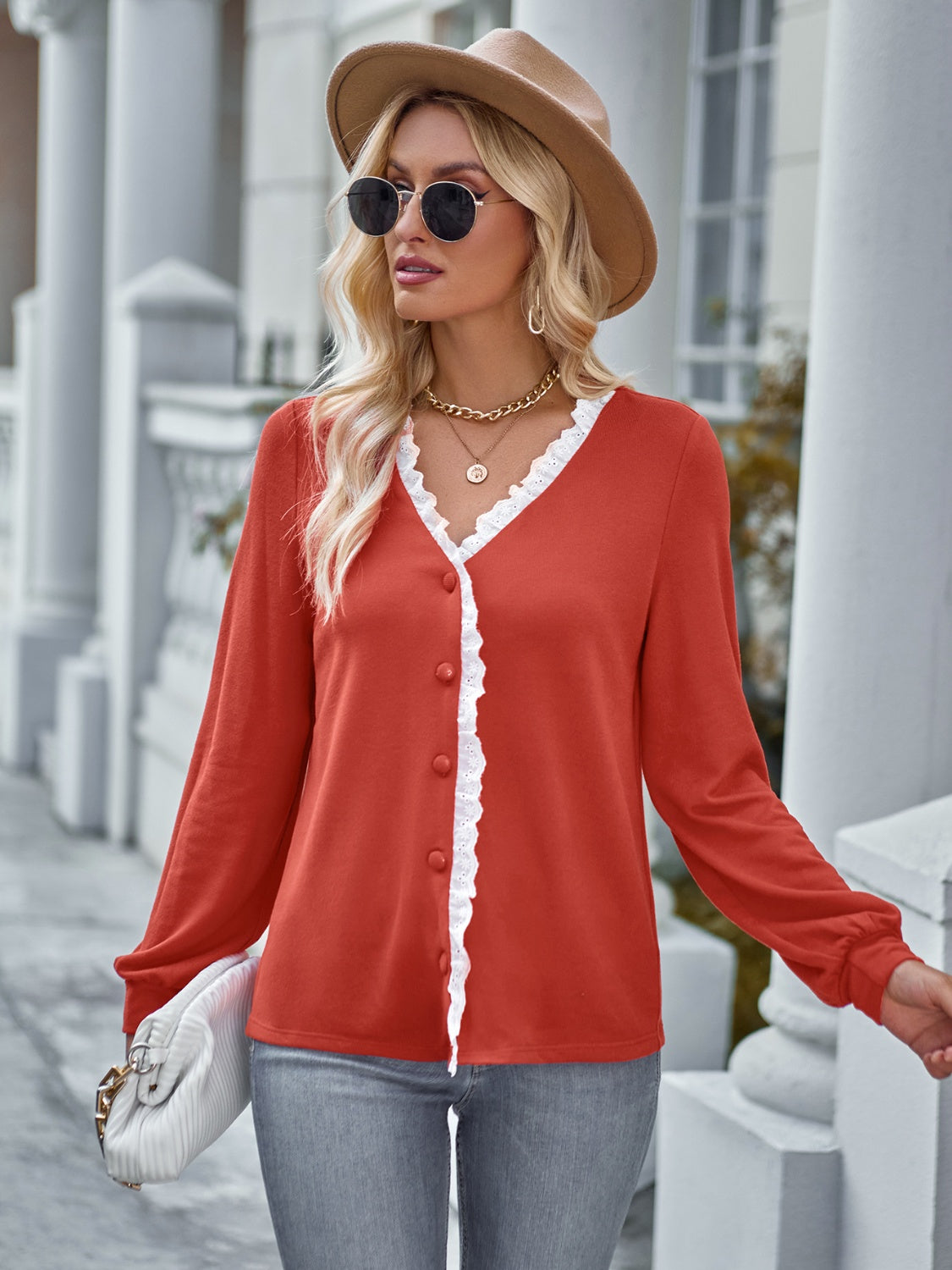 Lace Trim Button Down Top