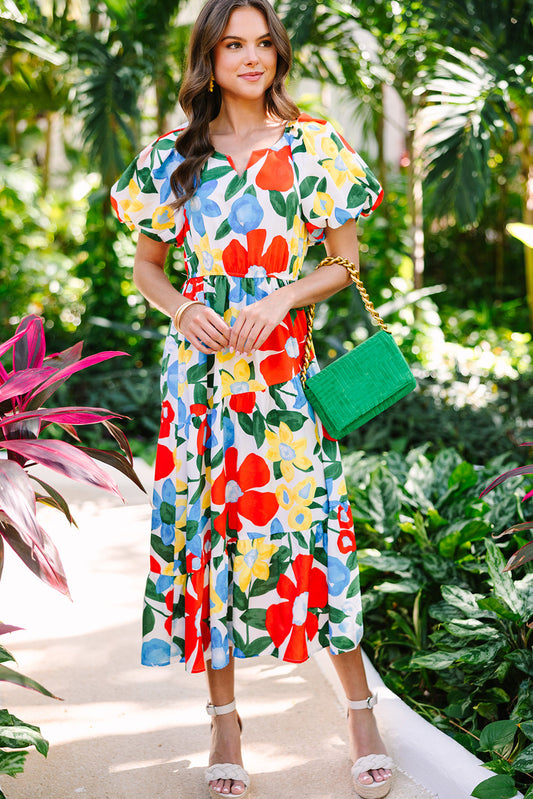 Floral Notched Balloon Sleeve Midi Dress