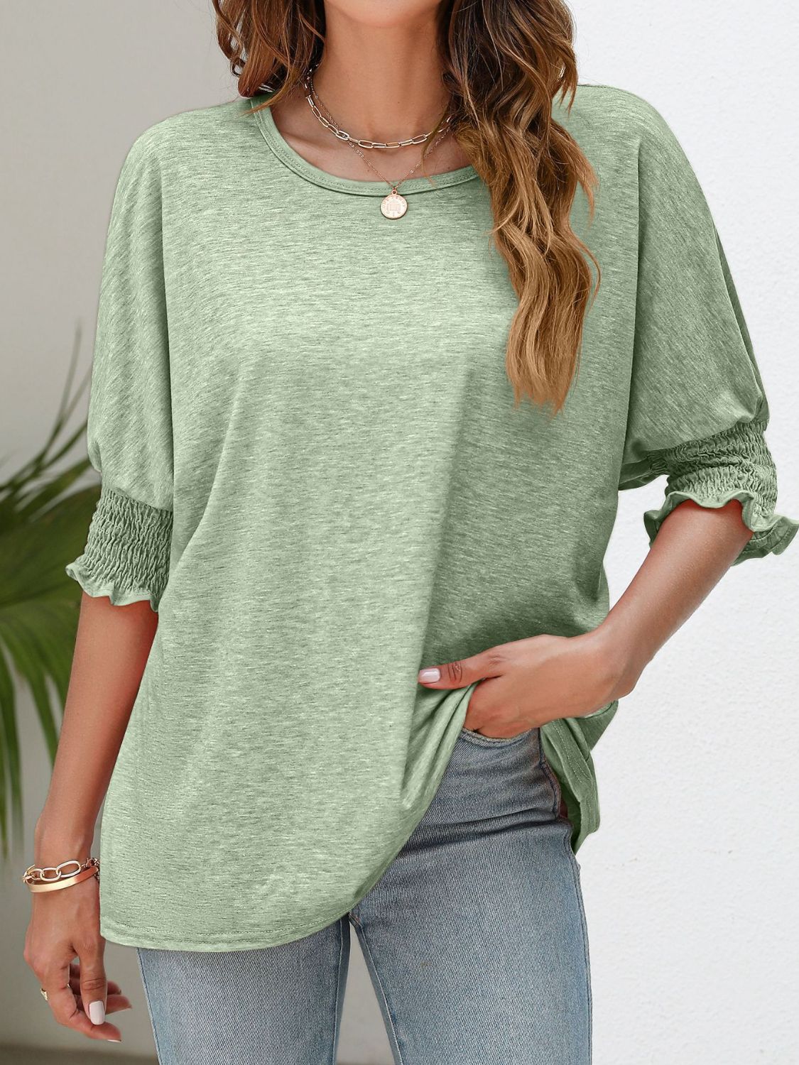 Smocked Flounce Sleeve Round Neck T-Shirt