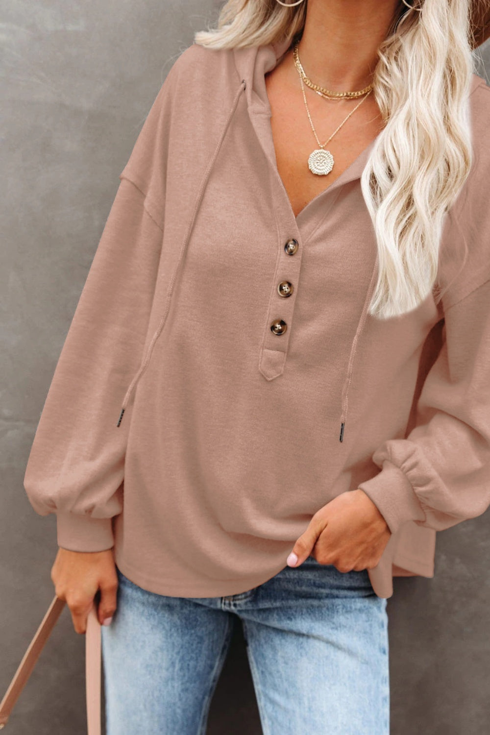 Buttoned Drop Shoulder Hoodie