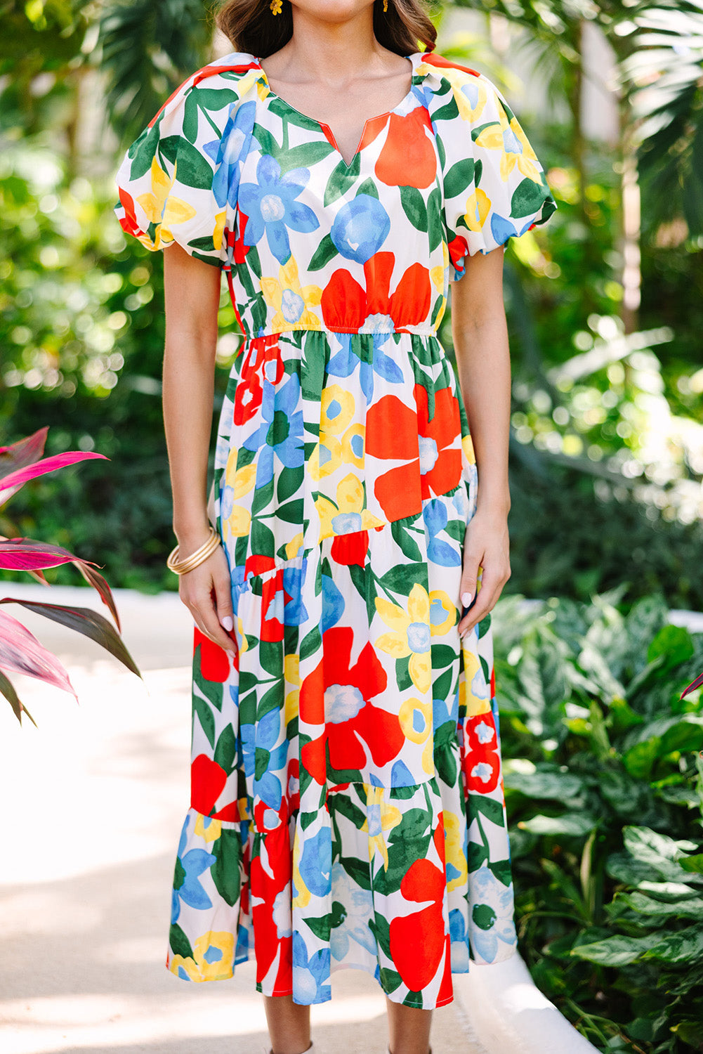 Floral Notched Balloon Sleeve Midi Dress