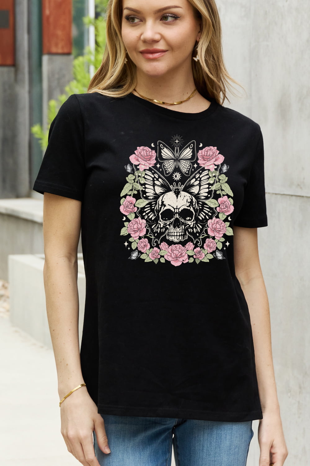 Simply Love Full Size Skull & Butterfly Graphic Cotton Tee