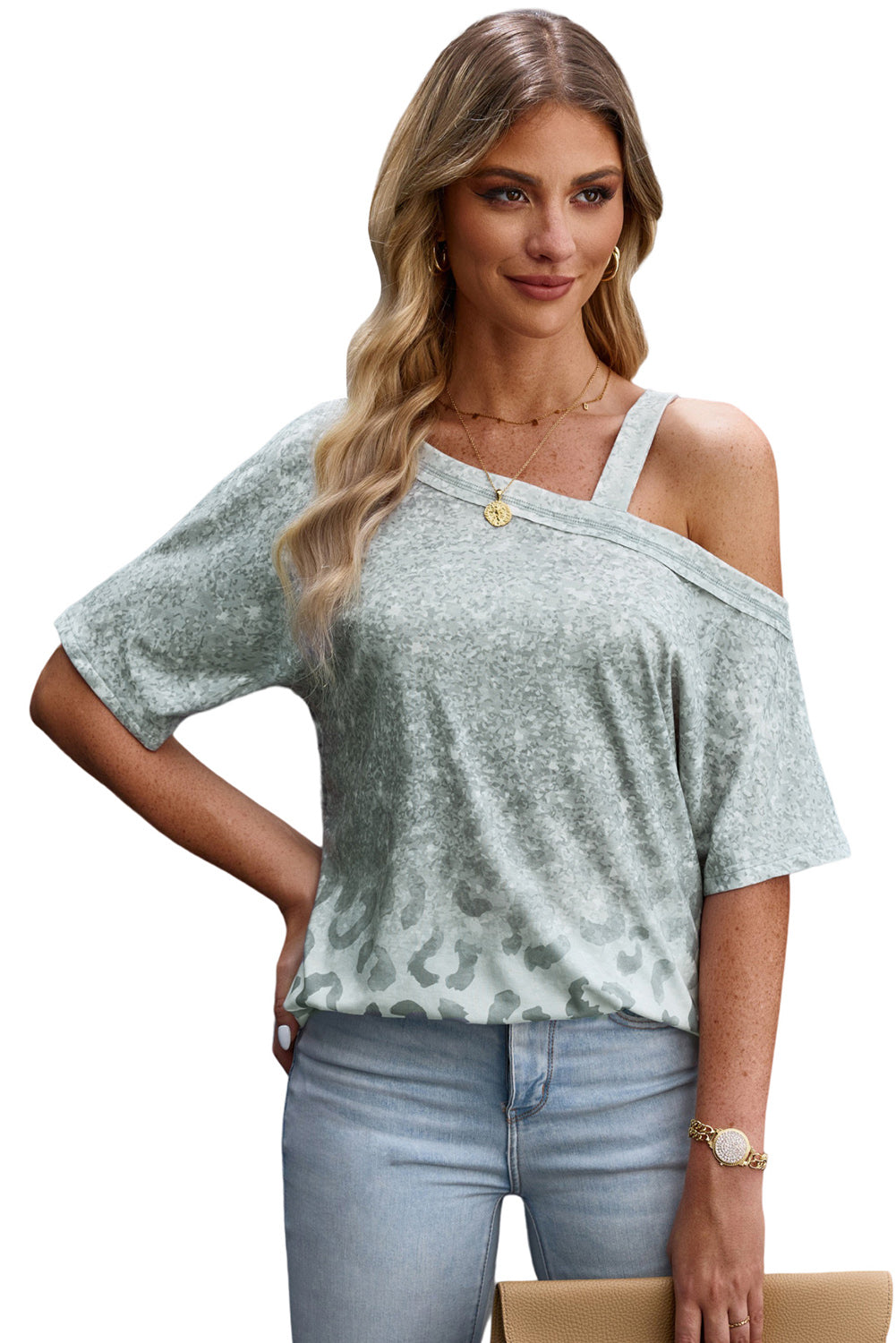 Leopard Asymmetrical Neck Cold-Shoulder Blouse