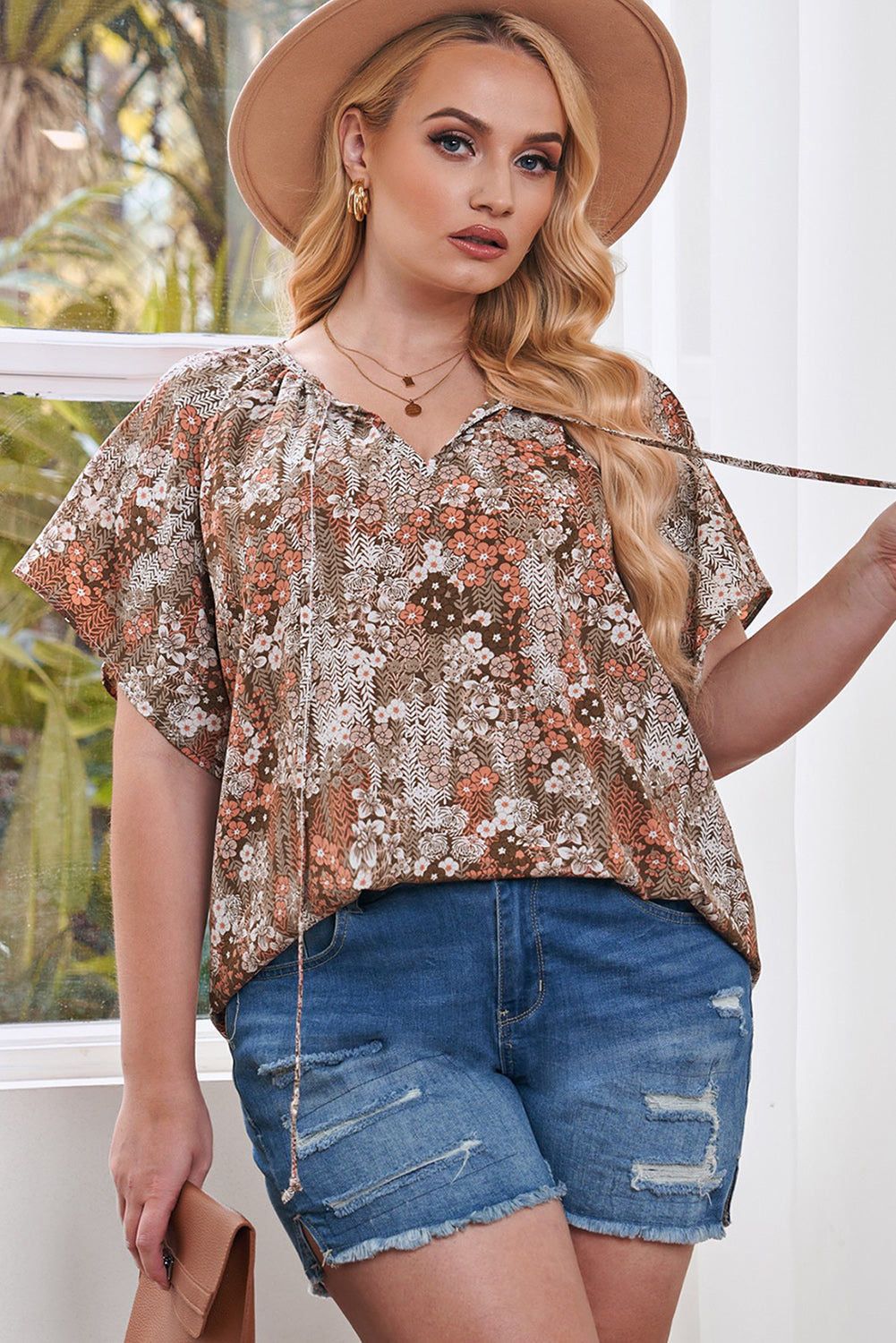 Plus Size Floral Tie Neck Short Sleeve Blouse