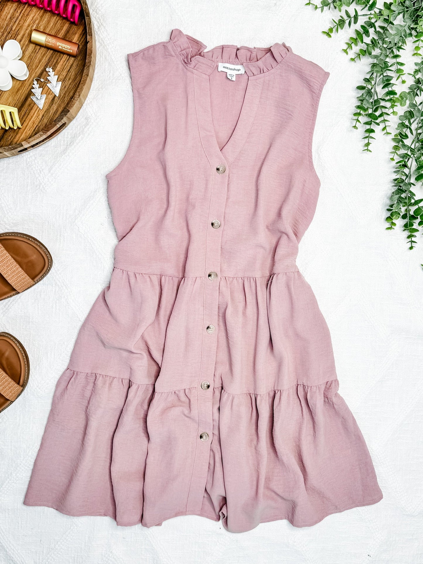 1.22 Tiered Button Front Sleeveless Dress In Dusty Pink