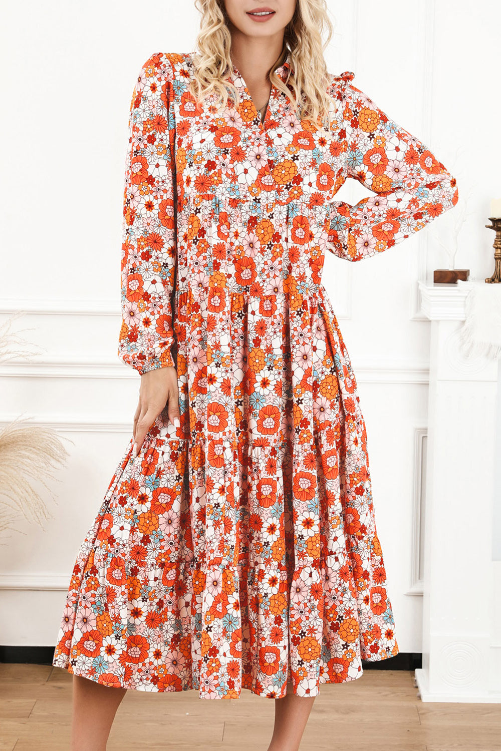 Floral Notched Neck Long Sleeve Dress