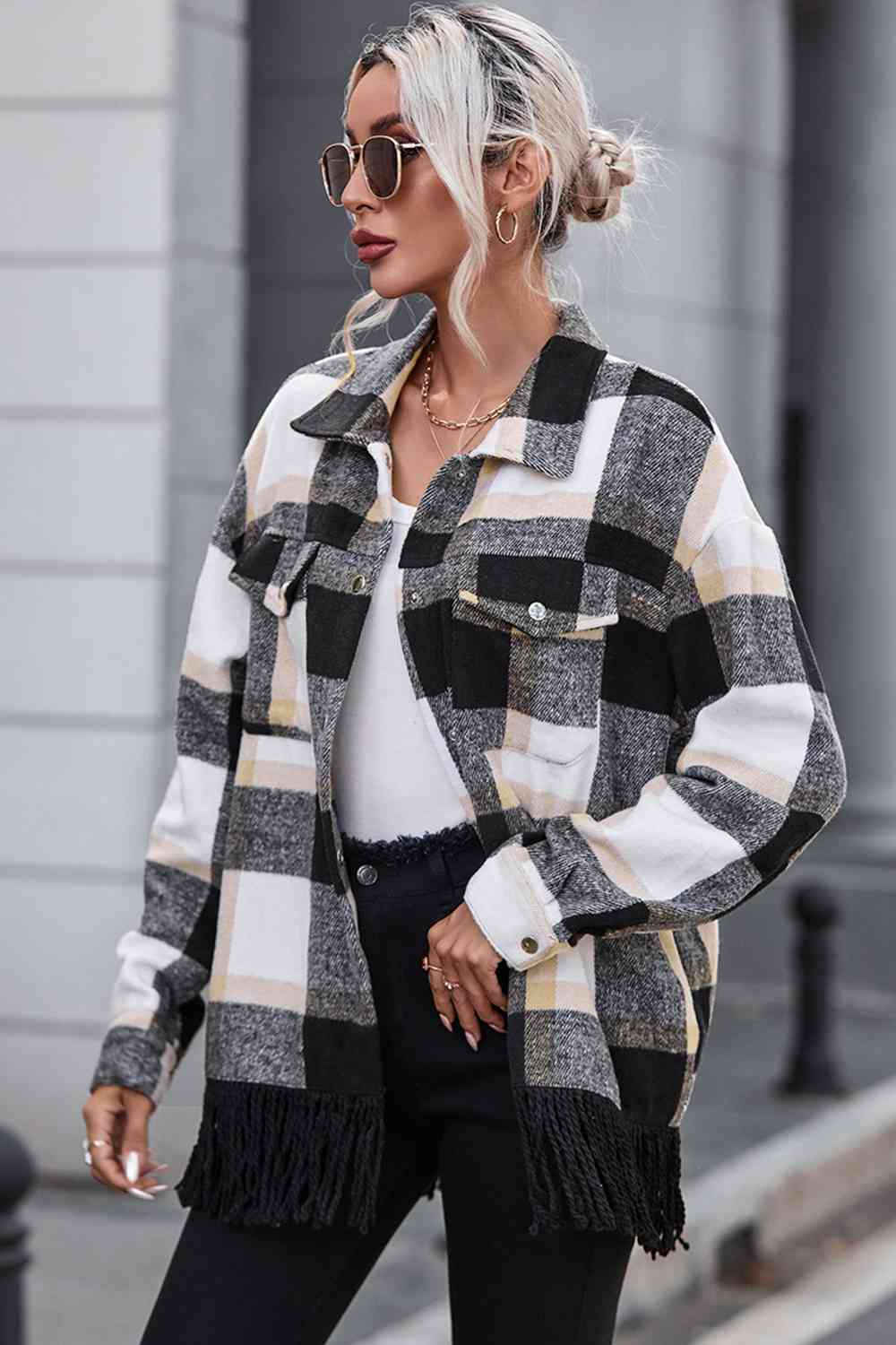 Plaid Collared Neck Snap Front Jacket