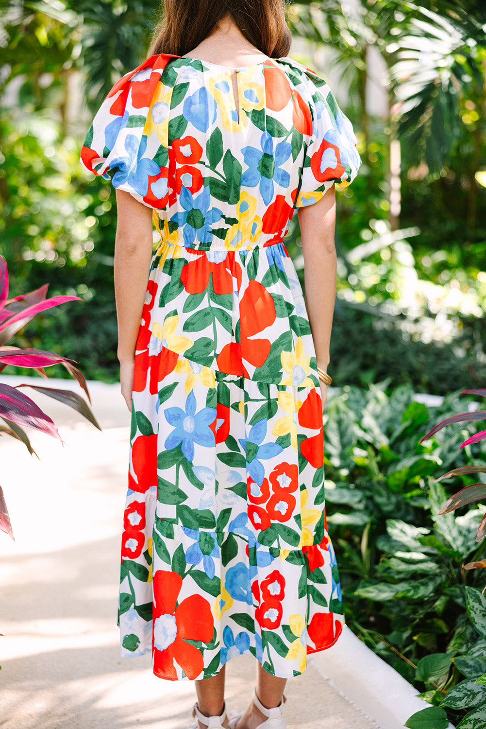 Floral Notched Balloon Sleeve Midi Dress