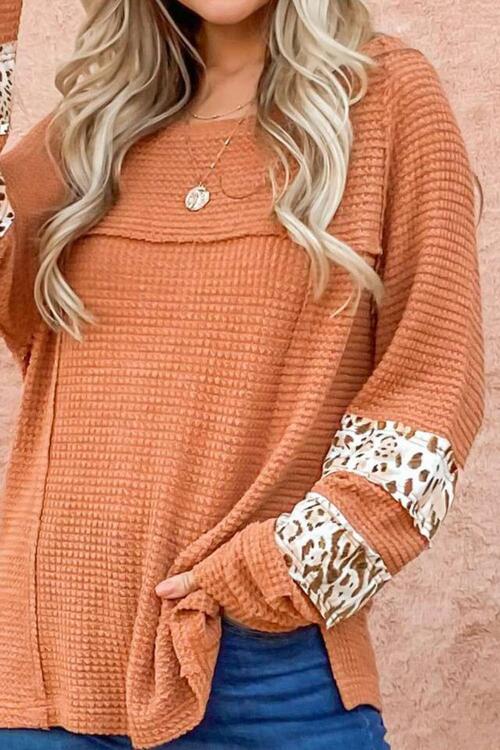 Waffle-Knit Leopard Long Sleeve Slit Blouse