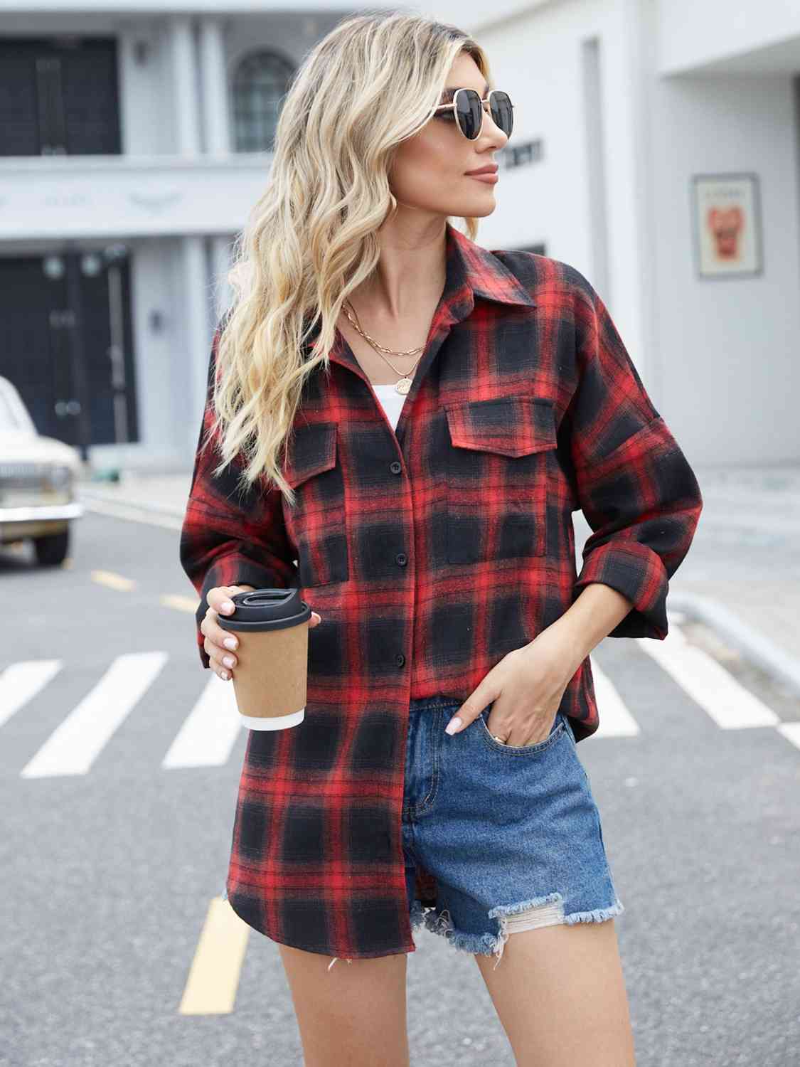 Plaid Collared Neck Button Down Jacket